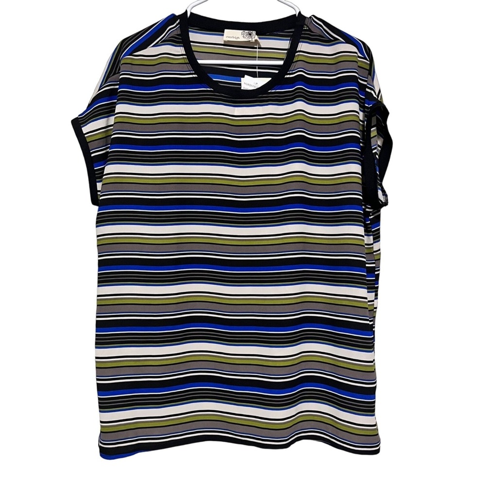 Everleigh Stripe Top Womens Blue Green Black Crew Neck Short Sleeve Large